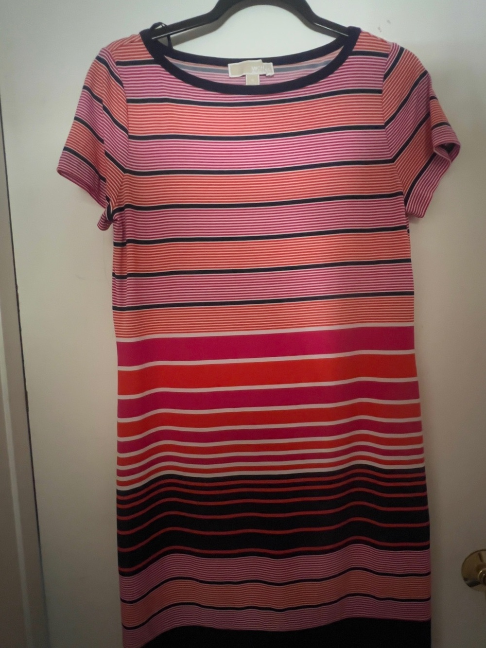 MICHAEL Michael Kors Pink, Coral and Black Striped Short Sleeve Dress